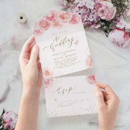 Invitation Tout En Un Élégante calligraphie or & mariage floral roux
