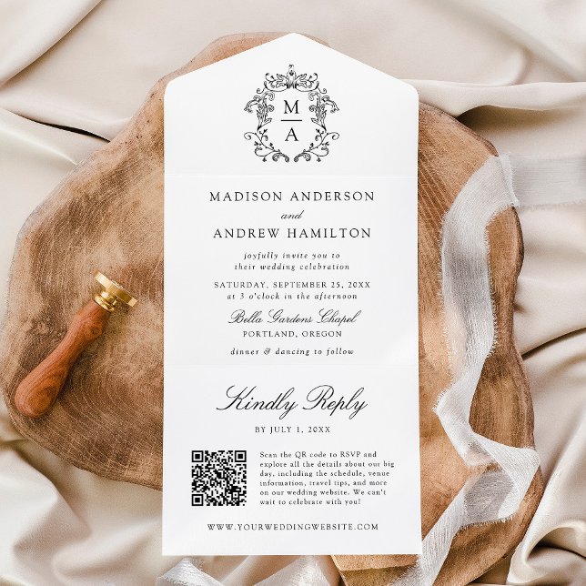Invitation Tout En Un Élégante Cimetière noire Chinoiserie Monogram Mari (Créateur téléchargé)