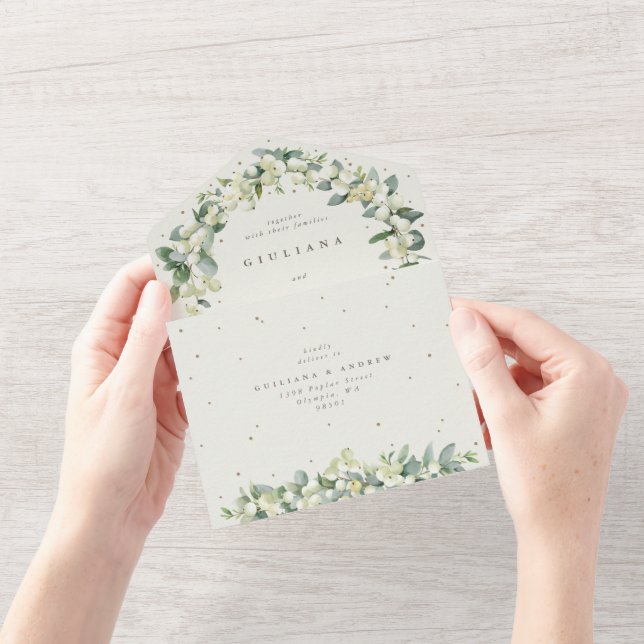 Invitation Tout En Un Elégante Crème Snowberry+Eucalyptus Mariage d'hive (Ouverture)