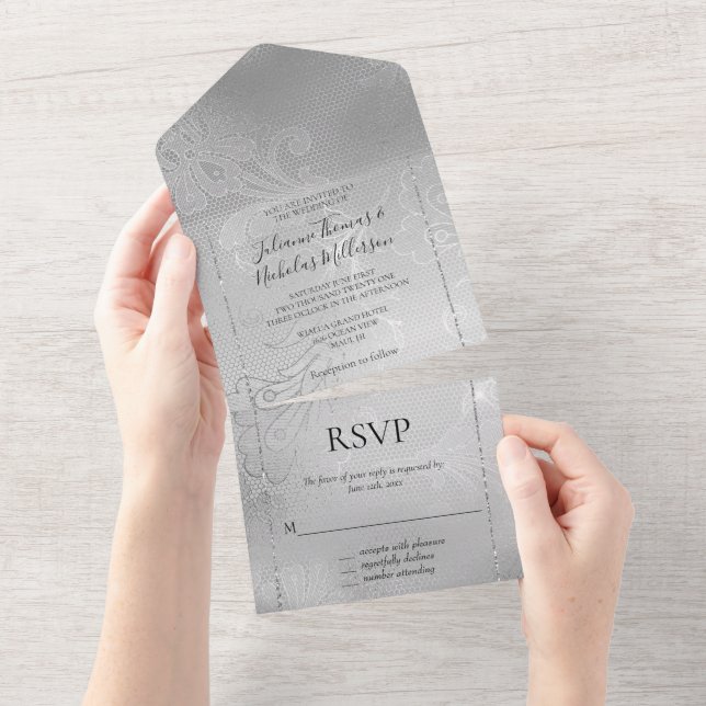 Invitation Tout En Un Élégante dentelle argentée florale (Déchirure)