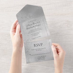 Invitation Tout En Un Élégante dentelle argentée florale