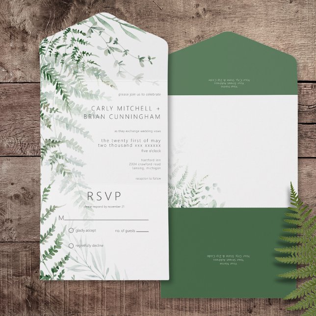 Invitation Tout En Un Élégante Ferme De Verdure Délicieuse Pas De Dîner (Elegant Delicate Greenery Ferns All In One Wedding Invitation without Dinner Options)