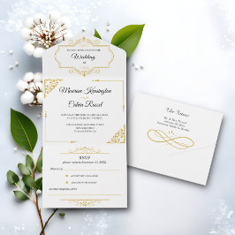 Invitation Tout En Un Elégante Filigree or sur blanc, Mariage