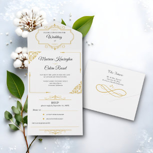 Invitation Tout En Un Elégante Filigree or sur blanc, Mariage