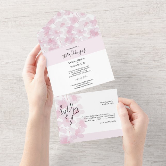 Invitation Tout En Un Elégante fleurs de cerisier Aquarelle peinte à la  (Déchirure)