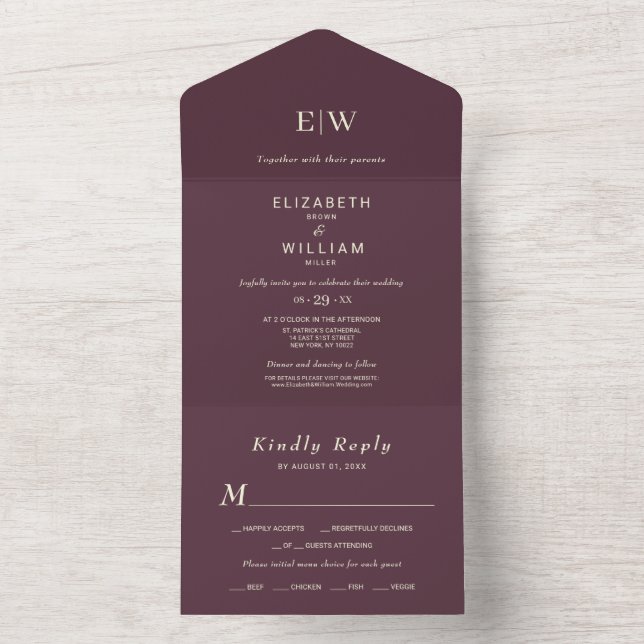 Invitation Tout En Un Elégante laque simple cerise, Mariage Monogramme (À l'intérieur)
