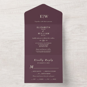 Invitation Tout En Un Elégante laque simple cerise, Mariage Monogramme