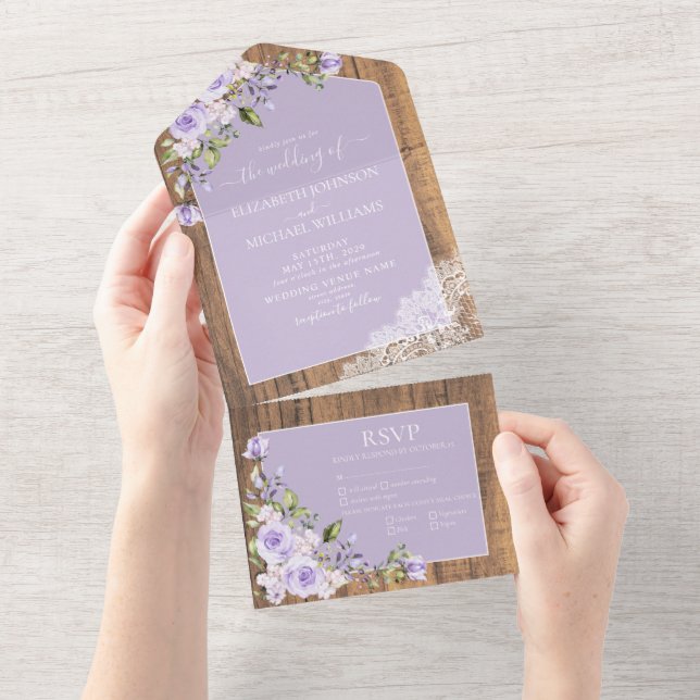 Invitation Tout En Un Élégante Lavande Lilac Rustique Mariage de dentell (Déchirure)