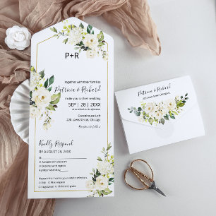 Invitation Tout En Un Élégante Mariage Fleurale Crème Blanche Délicate