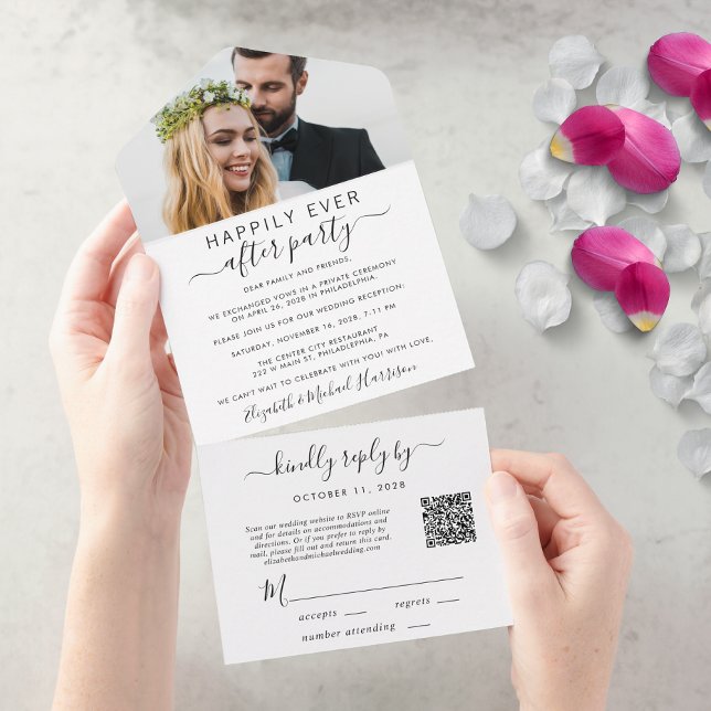 Invitation Tout En Un Elégante Photo QR Code Réception de mariage (An chic Happily Ever After Party all-in-one invitation for your wedding celebration)