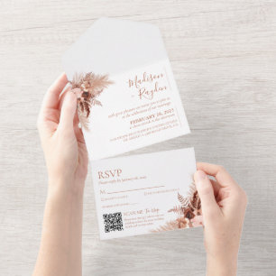 Invitation Tout En Un Élégante Terracotta Pampas Photo QR Code Mariage
