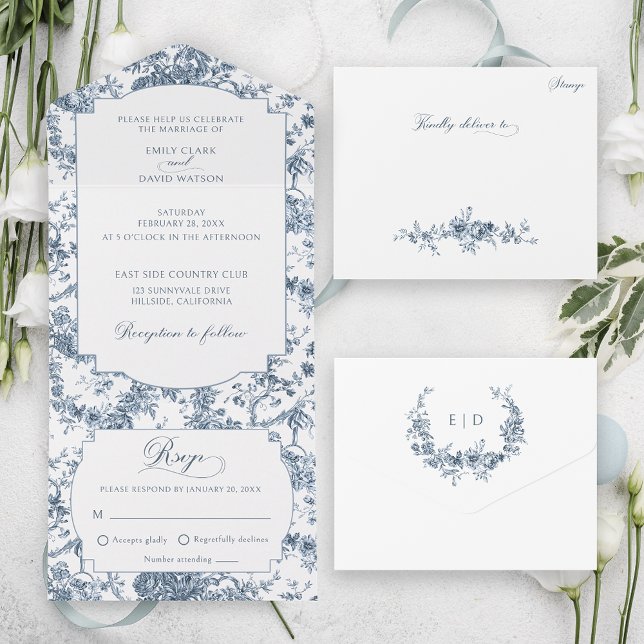 Invitation Tout En Un Élégante toile Florale Bleue Française Gravée (Créateur téléchargé)