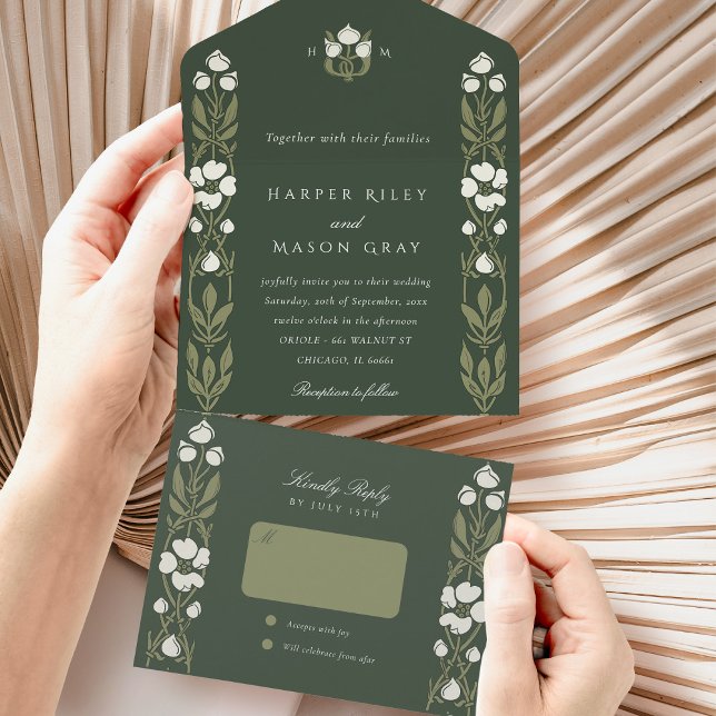 Invitation Tout En Un Élégante verdure Art Nouveau Tear-Away RSVP (Créateur téléchargé)