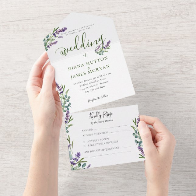 Invitation Tout En Un Élégante verdure Lavender Calligraphie Mariage (Déchirure)