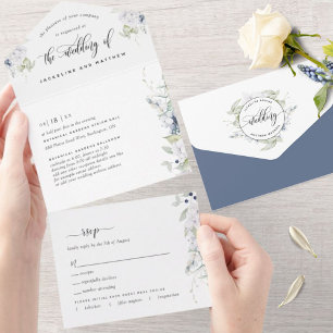 Invitation Tout En Un Elégante verdure, Mariage floral bleu marine