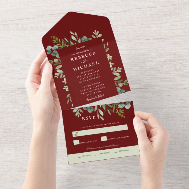 Invitation Tout En Un Elégante verdure Maroon Rouge Mariage (Déchirure)