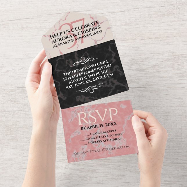Invitation Tout En Un Élégants 37 ans de mariage d'albâtre (Déchirure)