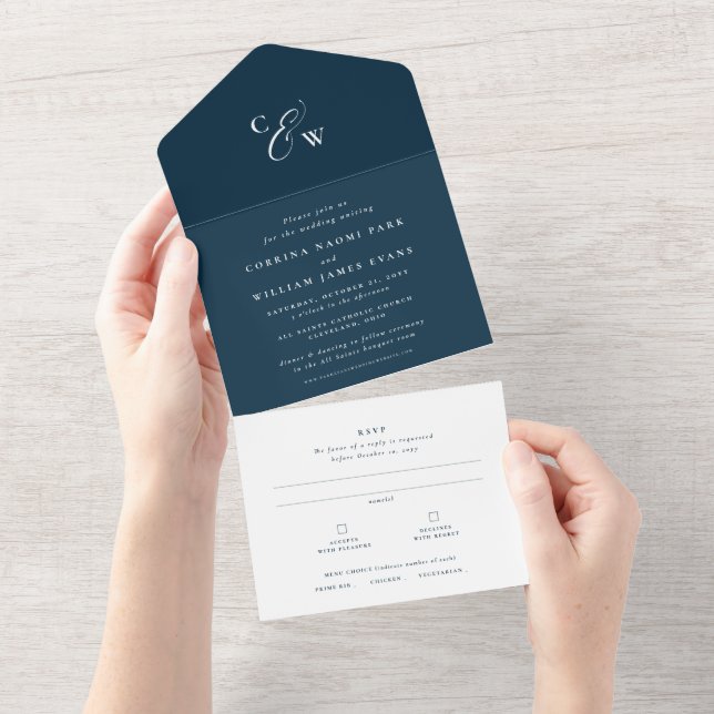 Invitation Tout En Un Élégants initiales simple marine bleu mariage (Déchirure)
