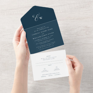Invitation Tout En Un Élégants initiales simple marine bleu mariage