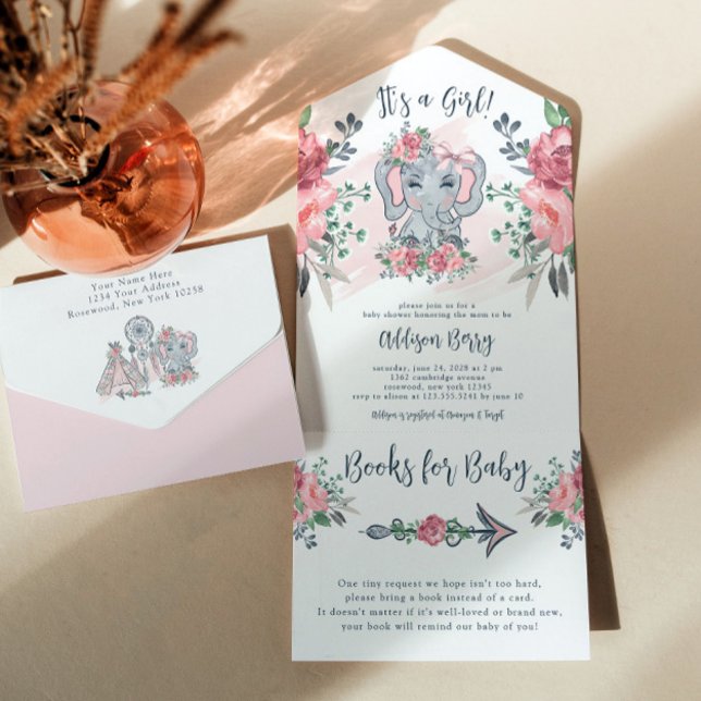 Invitation Tout En Un Elephant C'est une fille Baby shower rose (Créateur téléchargé)