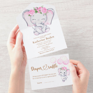 Invitation Tout En Un Eléphant et fleur de fille tout en un