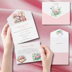 Invitation Tout En Un Éléphanteau et girafe fille rose pour Baby Shower 