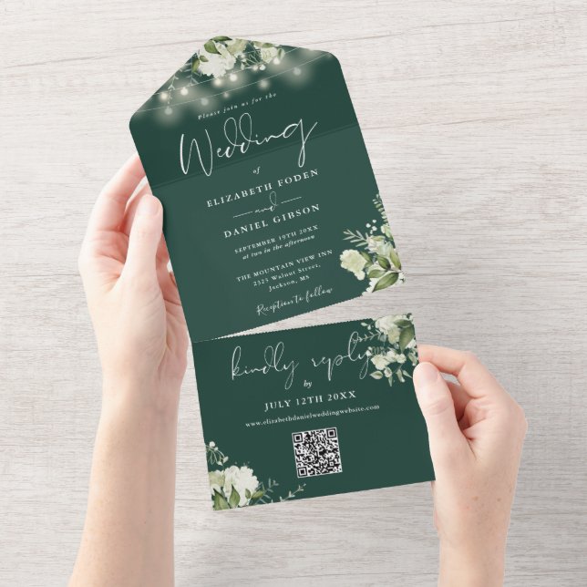 Invitation Tout En Un Emerald Floral String Lights QR Code Mariage (Déchirure)