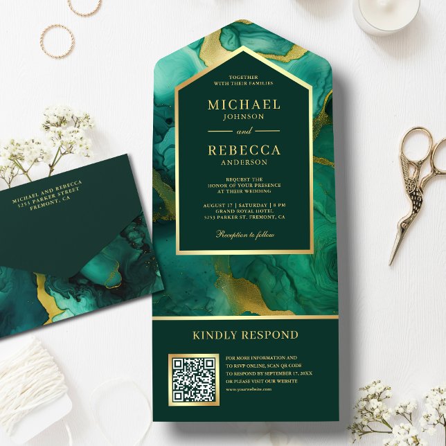 Invitation Tout En Un Emerald Gold Abstrait Fluid Ink QR Code Mariage (Créateur téléchargé)