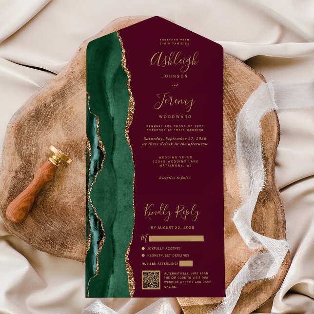 Invitation Tout En Un Emerald Green Agate Gold Burgundy QR Code Wedding (Créateur téléchargé)