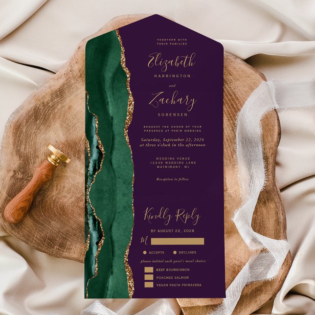 Invitation Tout En Un Emerald Green Agate Purple Meal Options Wedding (Créateur téléchargé)