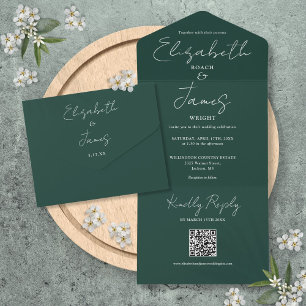 Invitation Tout En Un Emerald Green Elegant Script QR Code Mariage