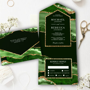 Invitation Tout En Un Emerald Green et Gold Agate Mariage en marbre