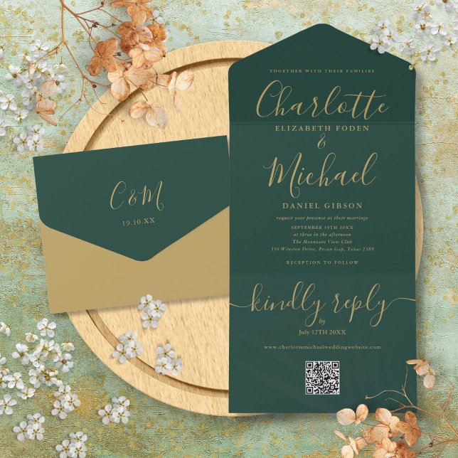 Invitation Tout En Un Emerald Green Et Gold QR Code Mariage (Emerald Green And Gold QR Code Wedding All In One Invitation)