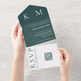 Invitation Tout En Un Emerald Green et White-Monogram-Mariage-