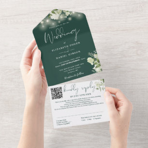 Invitation Tout En Un Emerald Green Floral String Lights QR Code Mariage