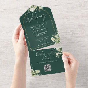 Invitation Tout En Un Emerald Green Gold Arch Greenery QR Code Mariage