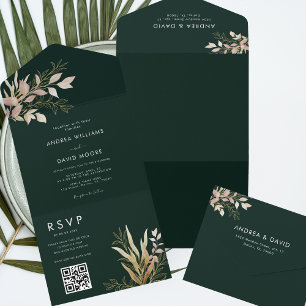 Invitation Tout En Un Emerald Green & Gold Greenery QR Code RSVP Mariage