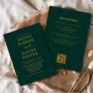Invitation Tout en un Emerald Green Gold QR Code Mariage