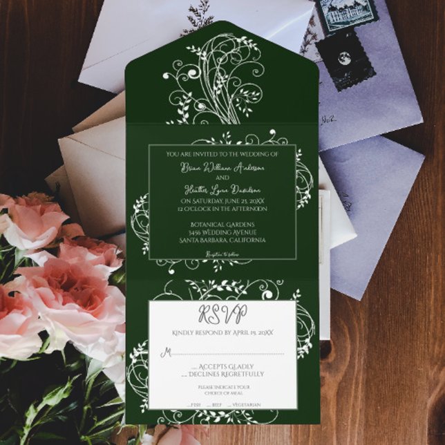 Invitation Tout En Un Emerald Green Mariage (Emerald Green Flourish All in One Wedding Invite)