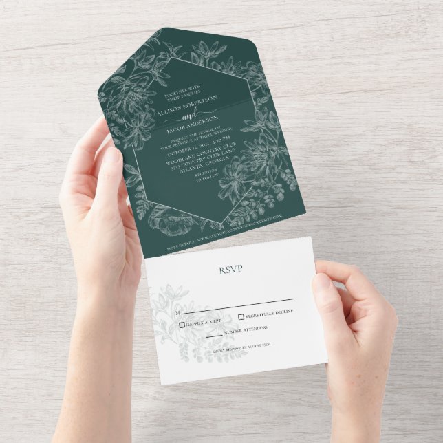 Invitation Tout En Un Emerald Green Mariage végétal (Déchirure)