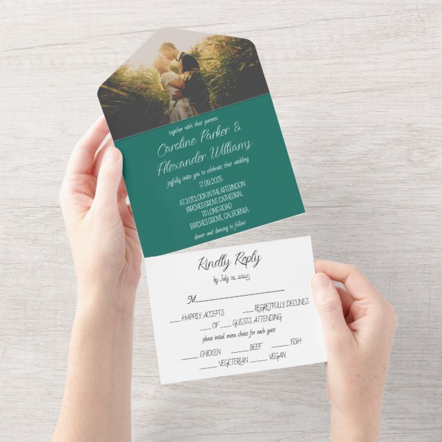 Invitation Tout En Un Emerald Green Simple Modern Photo Mariage (Déchirure)