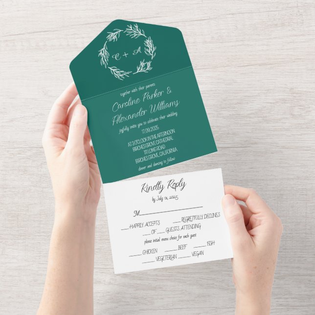 Invitation Tout En Un Emerald Green Simple Moderne Mariage Monogramme (Déchirure)