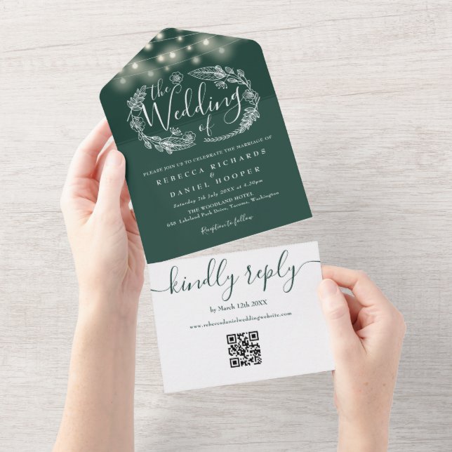 Invitation Tout En Un Emerald Green String Lights QR Code Mariage (Déchirure)