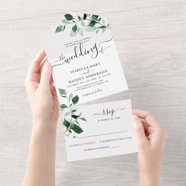 Invitation Tout En Un Emerald Greenery Détails du Mariage botanique RSVP (Déchirure)