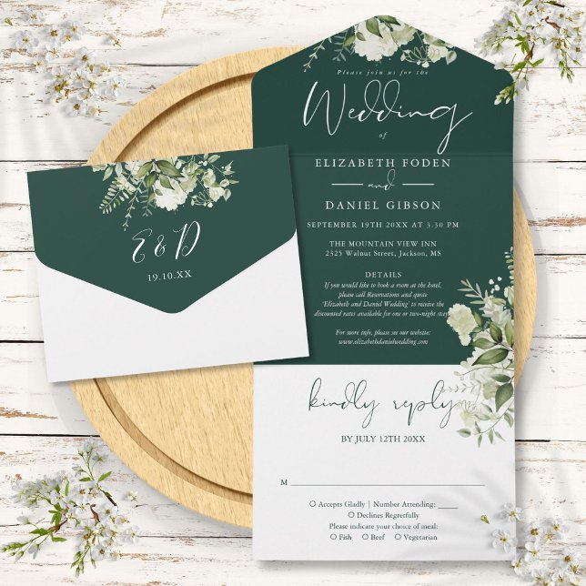 Invitation Tout En Un Emerald Greenery Détails Floral RSVP Mariage (Emerald Greenery Floral Details RSVP Wedding All In One Invitation)