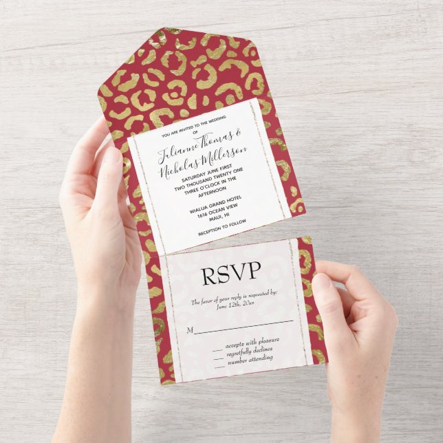 Invitation Tout En Un Empreinte de léopard Red Gold Glam (Déchirure)