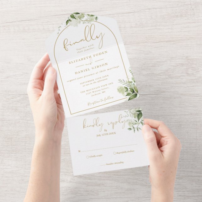 Invitation Tout En Un Enfin Arc d'or vert Mariage floral (Déchirure)