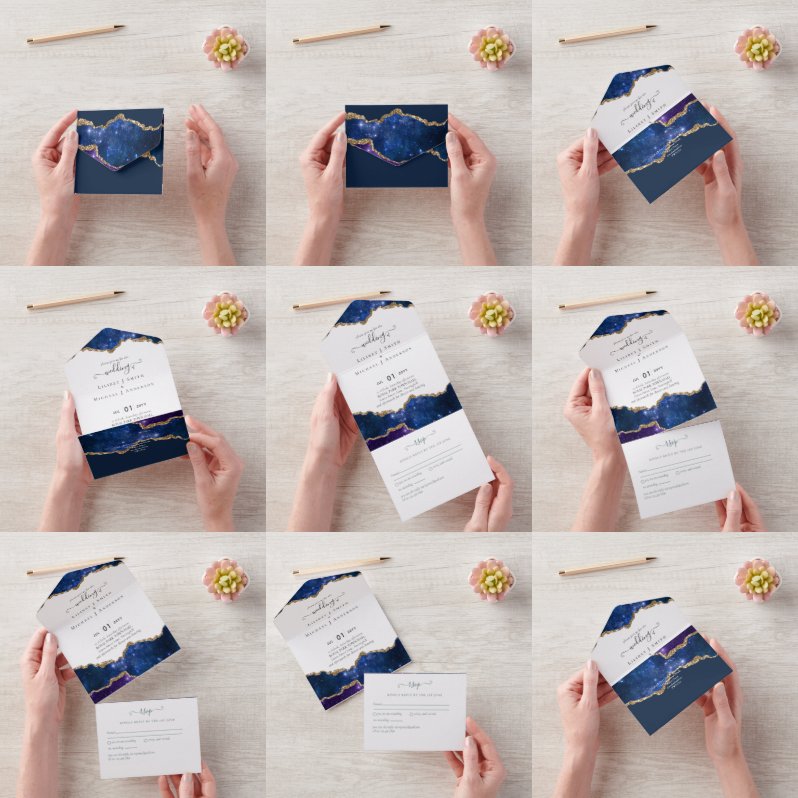 Invitation Tout En Un Ensemble de mariage Sublime Agate Bleu Or