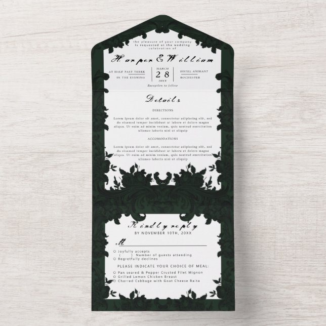 Invitation Tout En Un Enveloppe de mariage victorienne vert foncé (À l'intérieur)