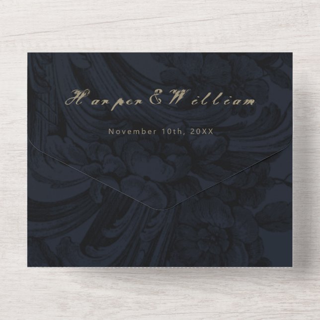 Invitation Tout En Un Enveloppe mariage victorienne bleu foncé (Verso)